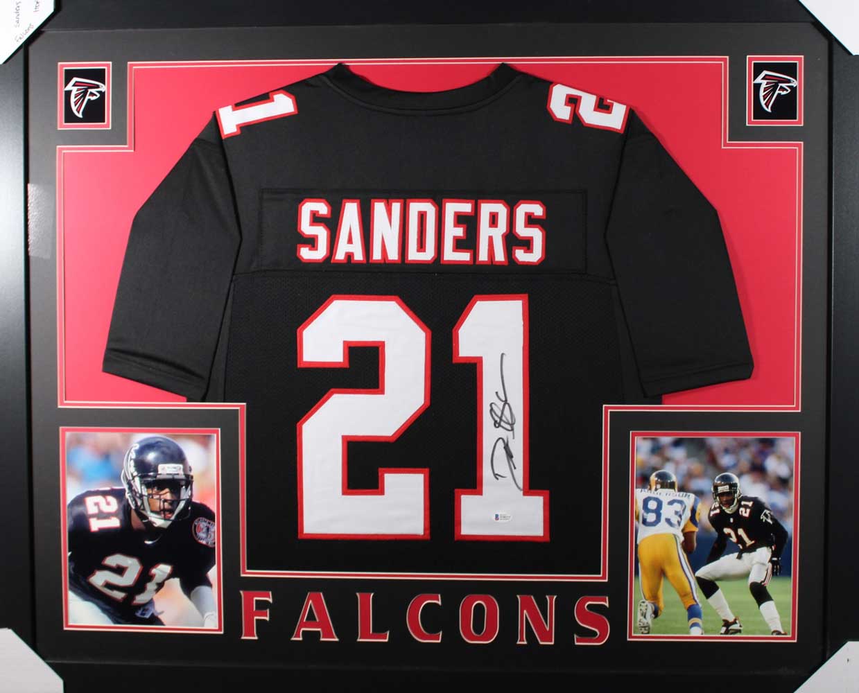 Deion Sanders Autographed Atlanta Falcons Framed Black XL Jersey BAS 31054