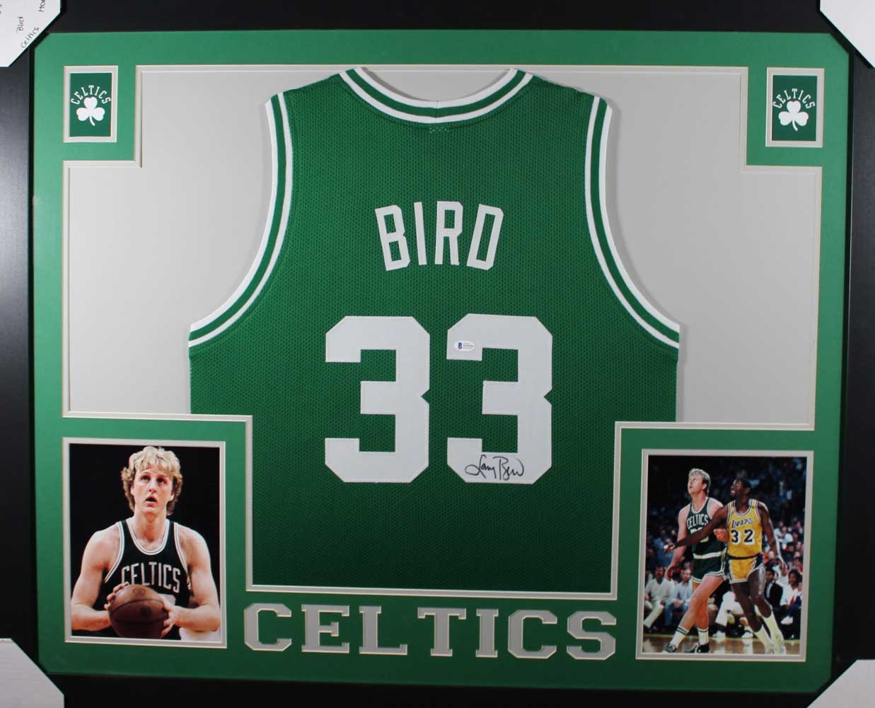 Larry Bird Autographed/Signed Boston Celtics Framed Green XL Jersey BAS 31060