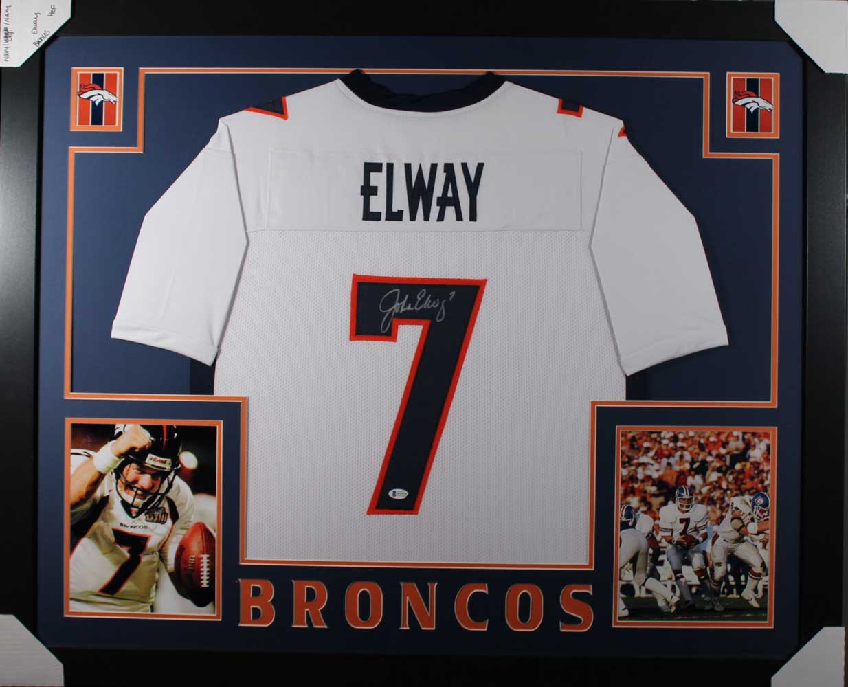 John Elway Autographed Denver Broncos Framed White XL Jersey BAS 31061