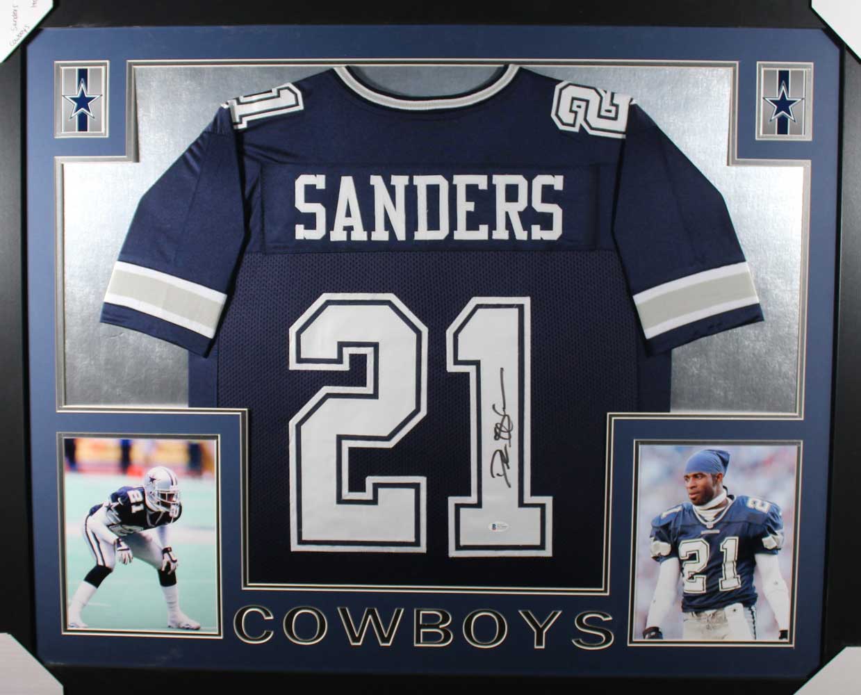 Deion Sanders Autographed Dallas Cowboys Framed Blue XL Jersey BAS 31069