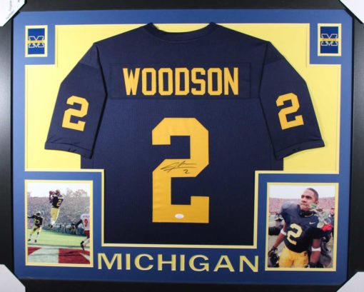 Charles Woodson Signed Michigan Wolverines Framed Blue XL Jersey JSA 31071