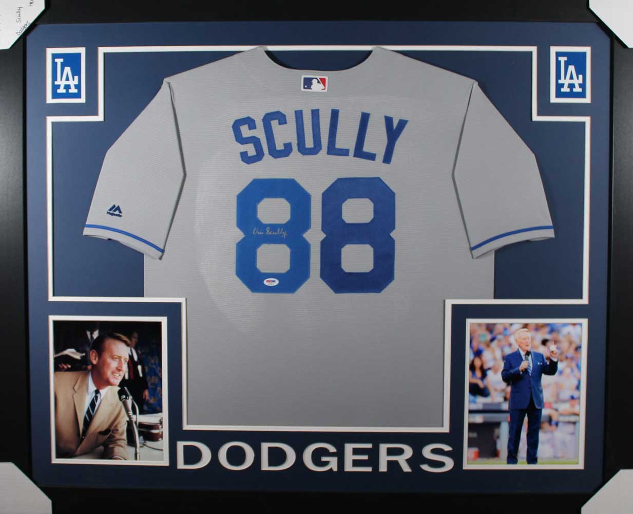 Vin Scully Autographed Los Angeles Dodgers Framed Grey Jersey PSA 31072