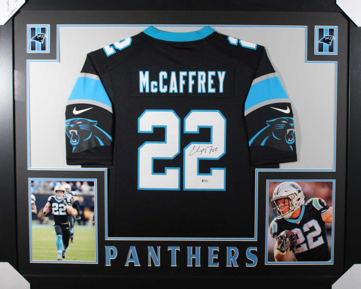 Christian McCaffrey Signed Carolina Panthers Framed Black XL Jersey BAS 31073